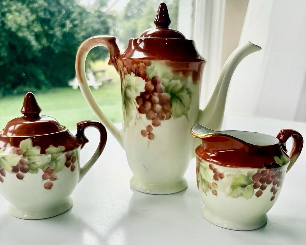 Chocolate Pot Mini Set Hand Painted Signed Grape Leaves Teapot Sugar Creamer